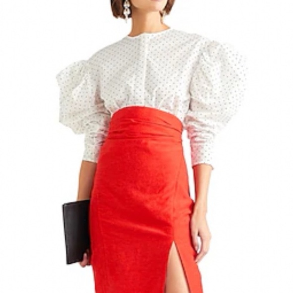 CARMEN MARCH red linen high rise gathered waist fitted midi slit pencil skirt